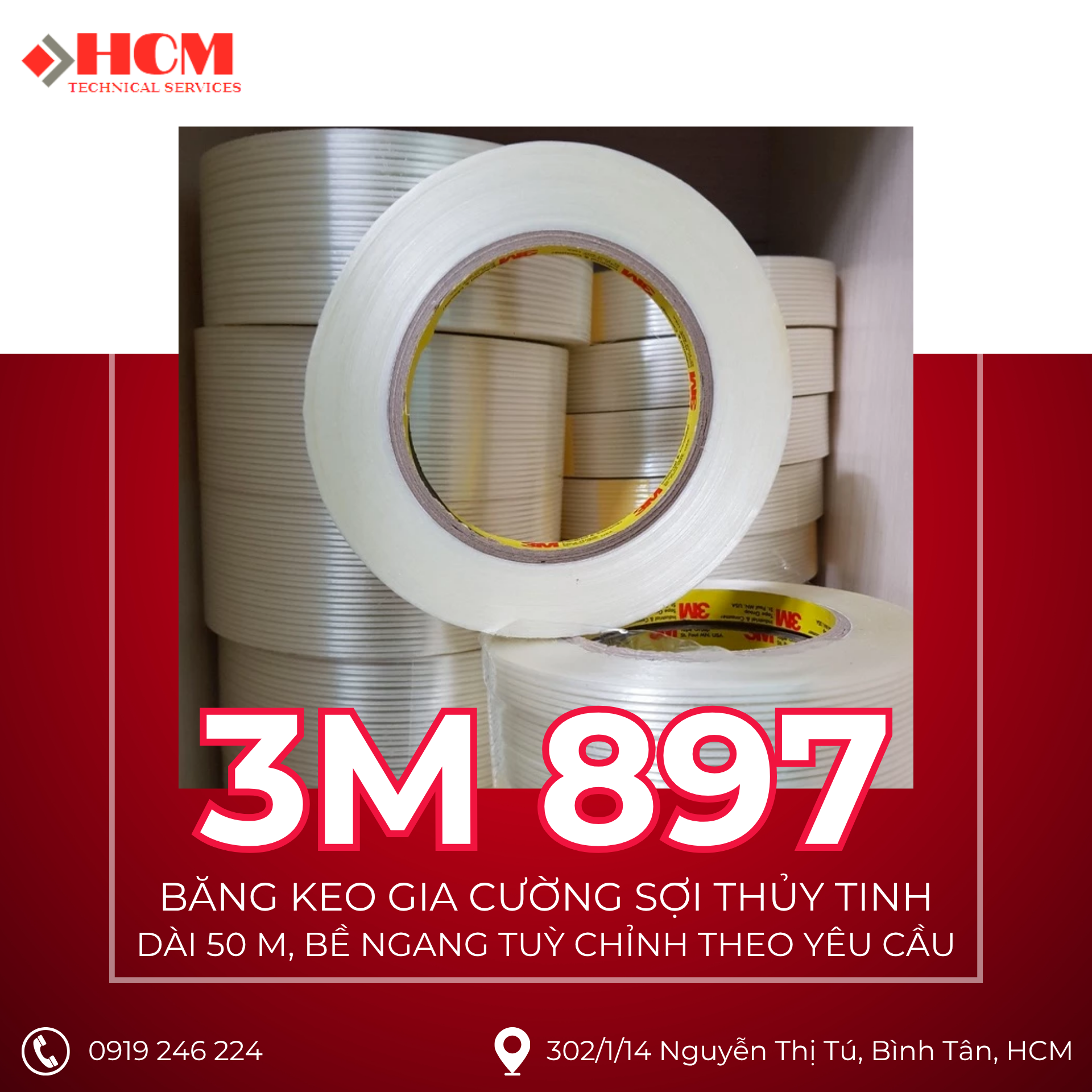 3M 897 - Băng Keo Gia Cường Sợi Thủy Tinh - Dài 50M, bề ngang tuỳ chỉnh