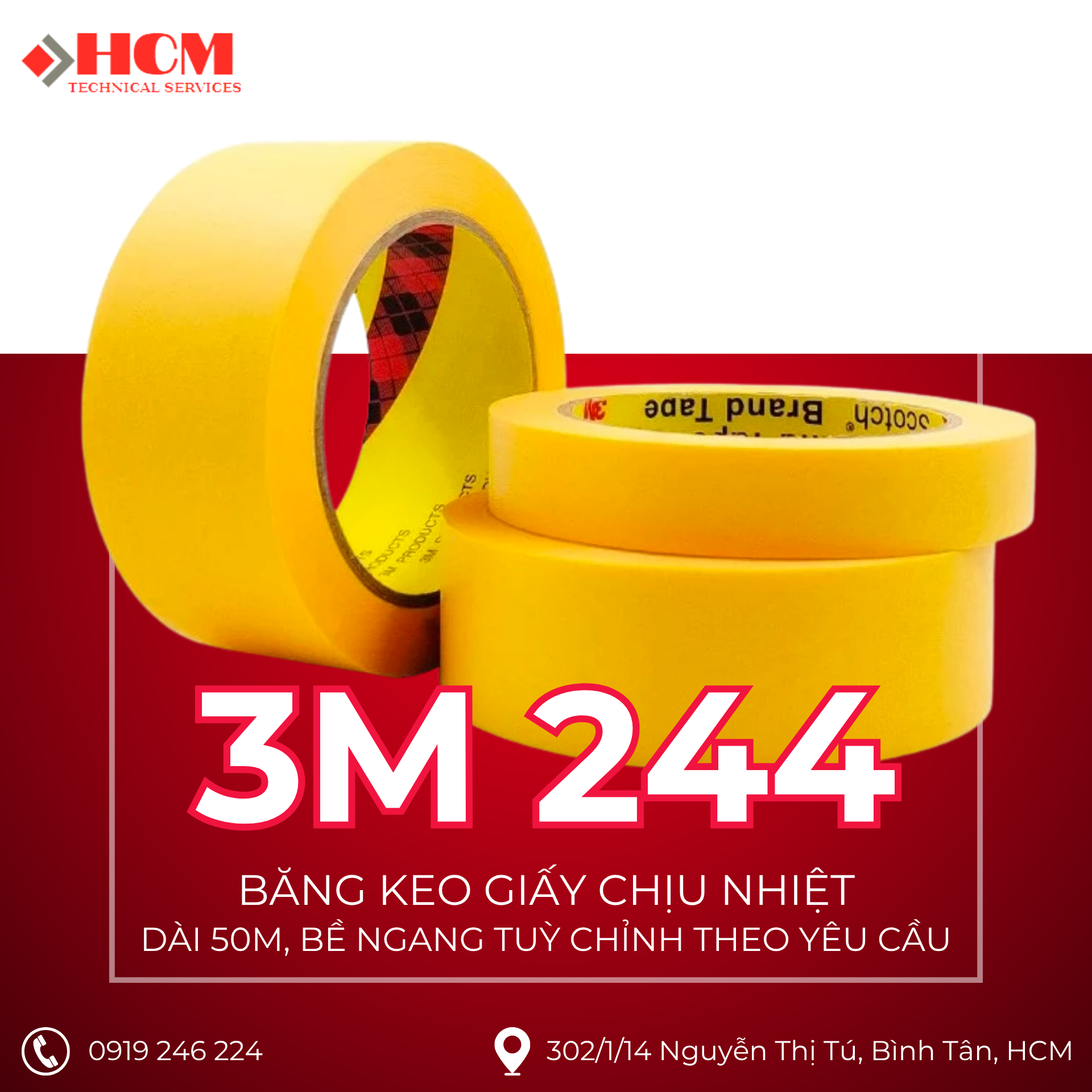 3M 244 - Băng Keo Masking Tape Siêu Dai, Chịu Nhiệt Cao - Dài 50M, bề ngang tuỳ chỉnh