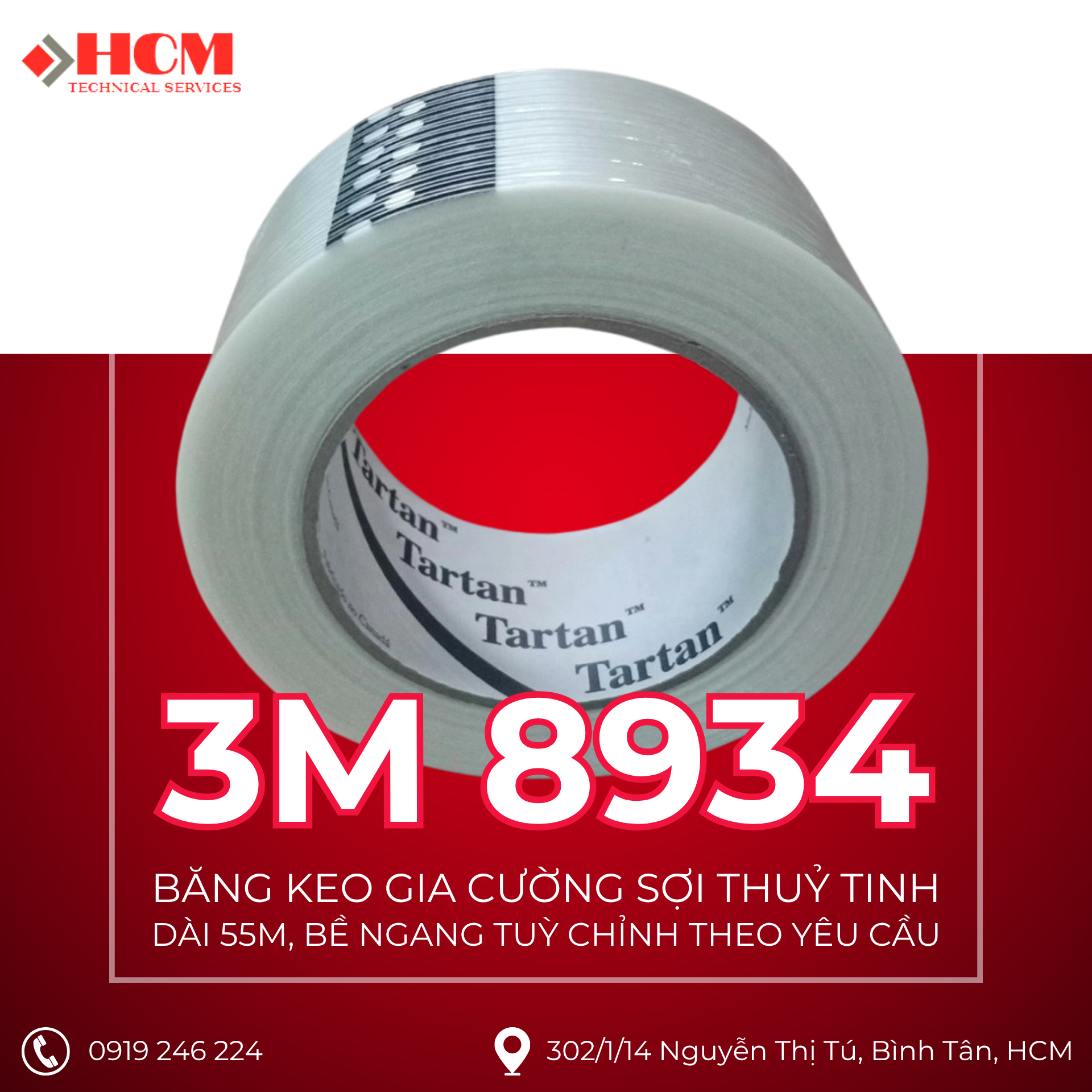 3M 8934 - Băng Keo Gia Cường Sợi Thuỷ Tinh - Dài 55M, bề ngang tuỳ chỉnh