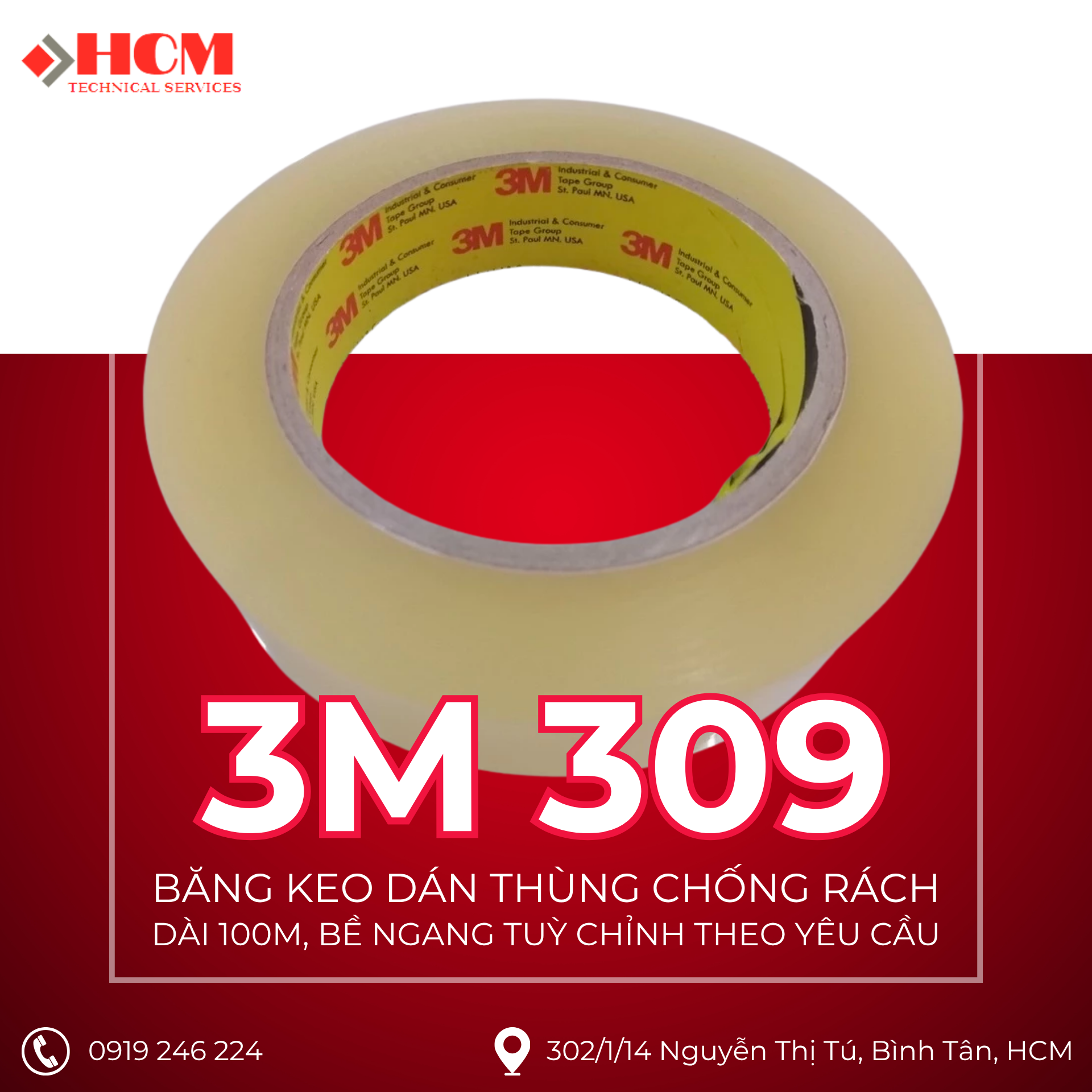 3M 309 - Băng Keo Dán Thùng Chống Rách, Chịu Nhiệt - Dài 100M, bề ngang tuỳ chỉnh