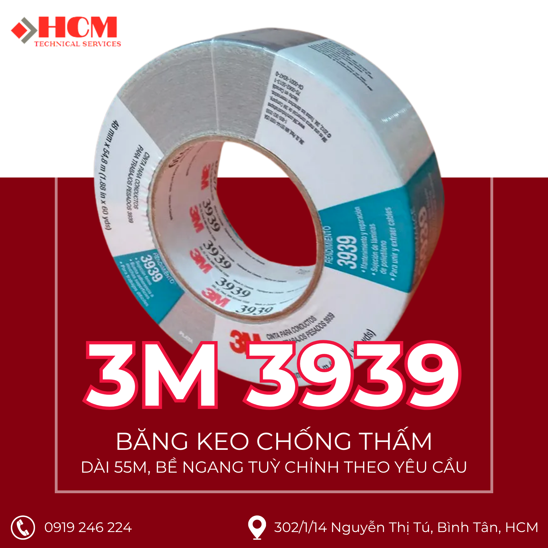 3M 3939 - Băng Keo Chống Thấm - Dài 55M, bề ngang tuỳ chỉnh