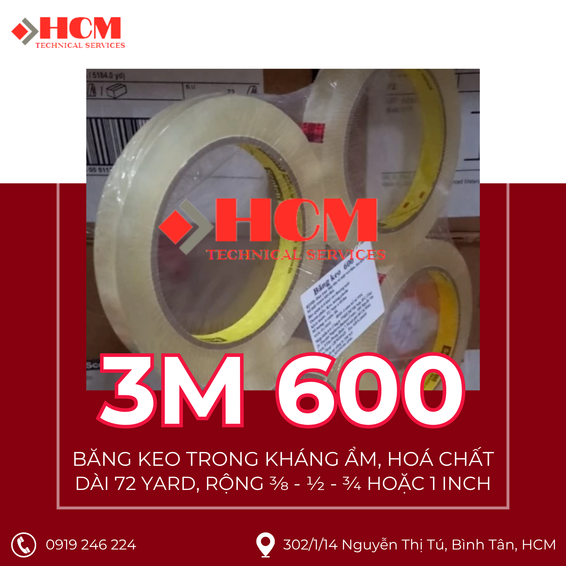3M 600 - Băng Keo Trong Suốt Kháng Ẩm, Hoá Chất, Tia UV - Dài 72 YARD, Bề ngang nhiều kích thước