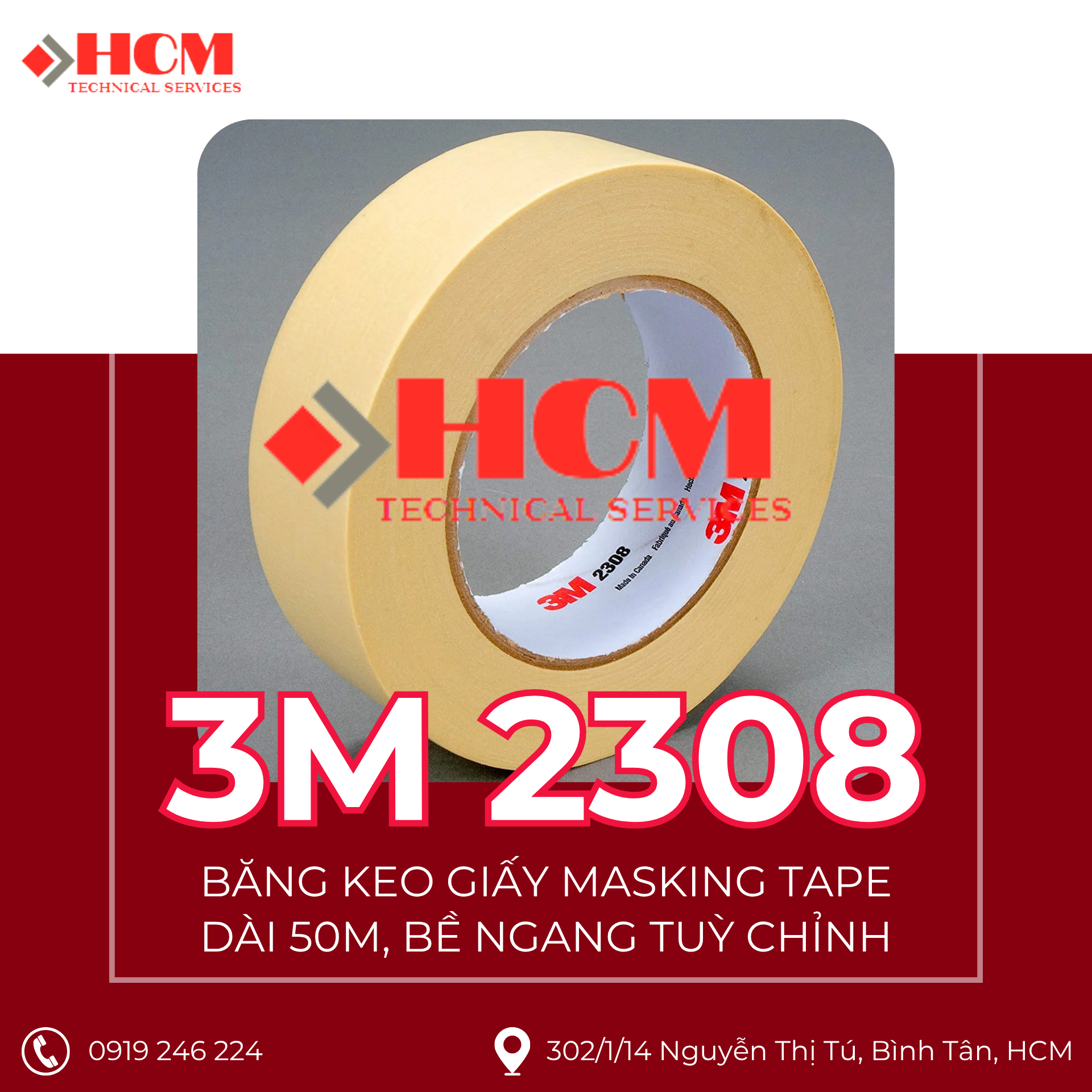 3M 2308 - Băng Keo Giấy MASKING TAPE dẻo dai, che sơn, chịu nhiệt - Dài 50M, bề ngang tuỳ chỉnh