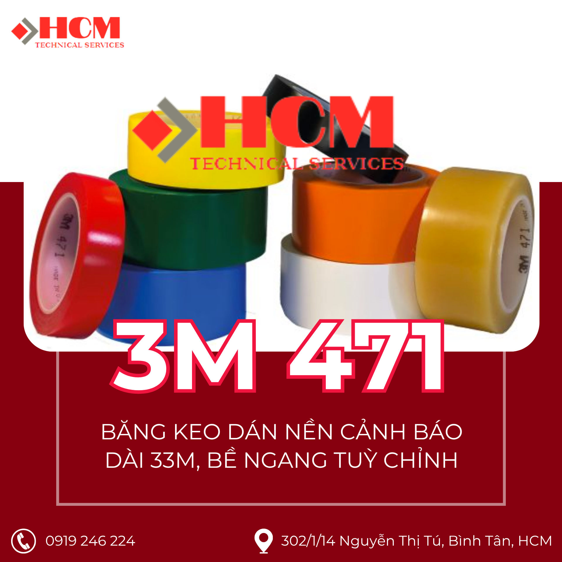 3M 471 - Băng Keo Dán Nền Cảnh Báo, Chịu Nhiệt Cao - Dài 33M, bề ngang tuỳ chỉnh