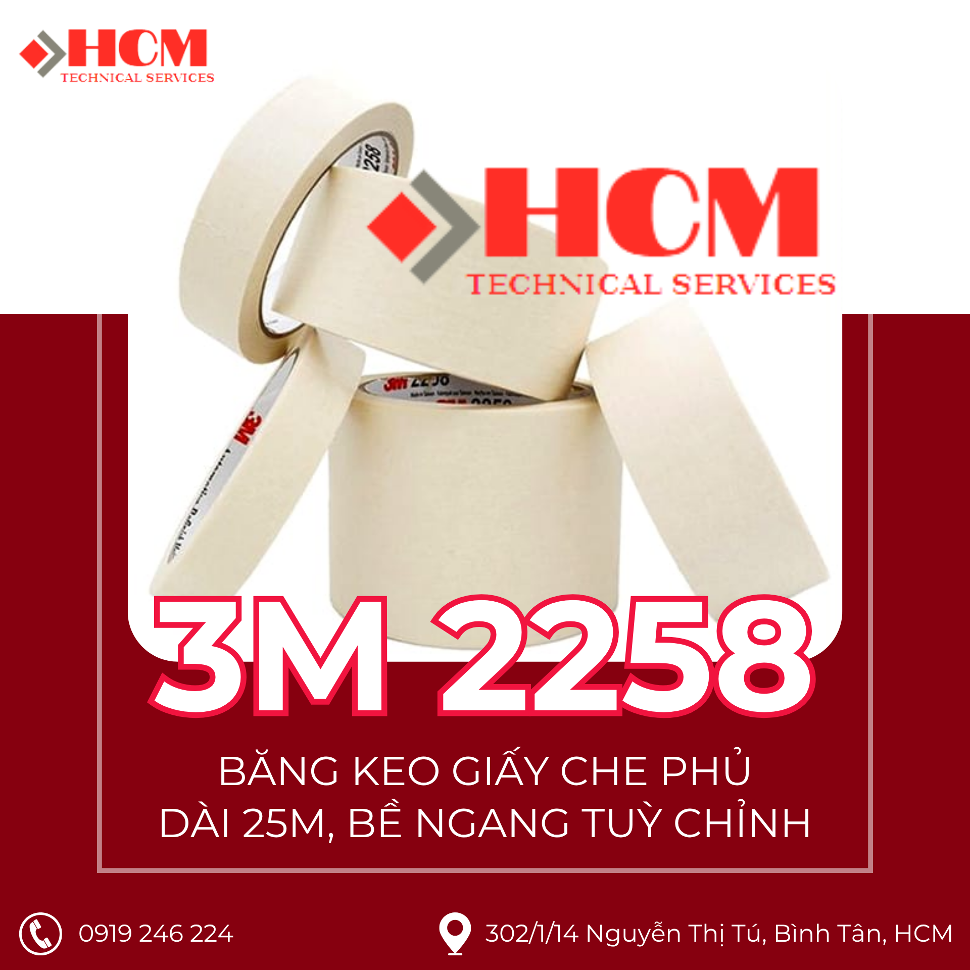 3M 2258 - Băng Keo Giấy Che Phủ - Dài 25M, bề ngang tuỳ chỉnh