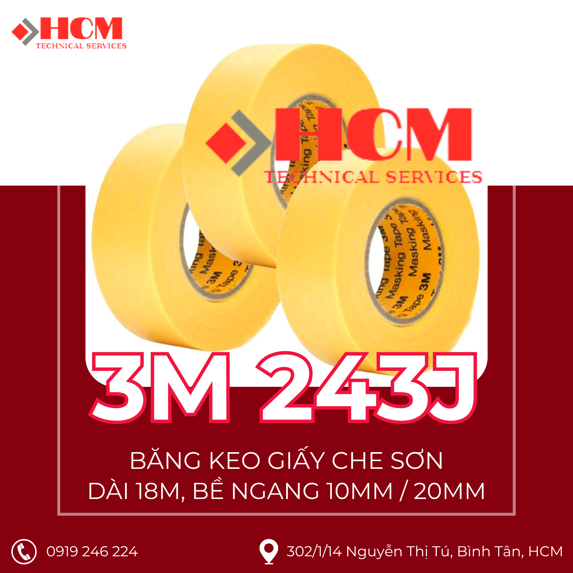 3M 243J - Băng Keo Giấy Che Sơn MASKING TAPE - Dài 18M, Ngang 10MM / 20MM