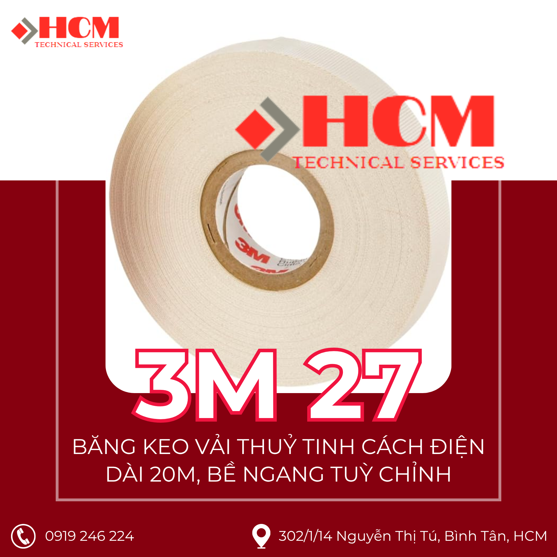 3M 27 - Băng Keo Vải Thủy Tinh Cách Điện Trung Thế - Dài 20M, bề ngang tuỳ chỉnh